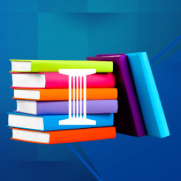 Colorful stack of books with bank logo