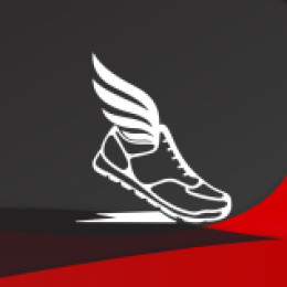 Red & black track and field symbol in white