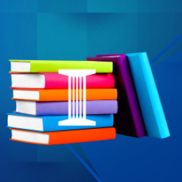 Colorful stack of books with bank logo