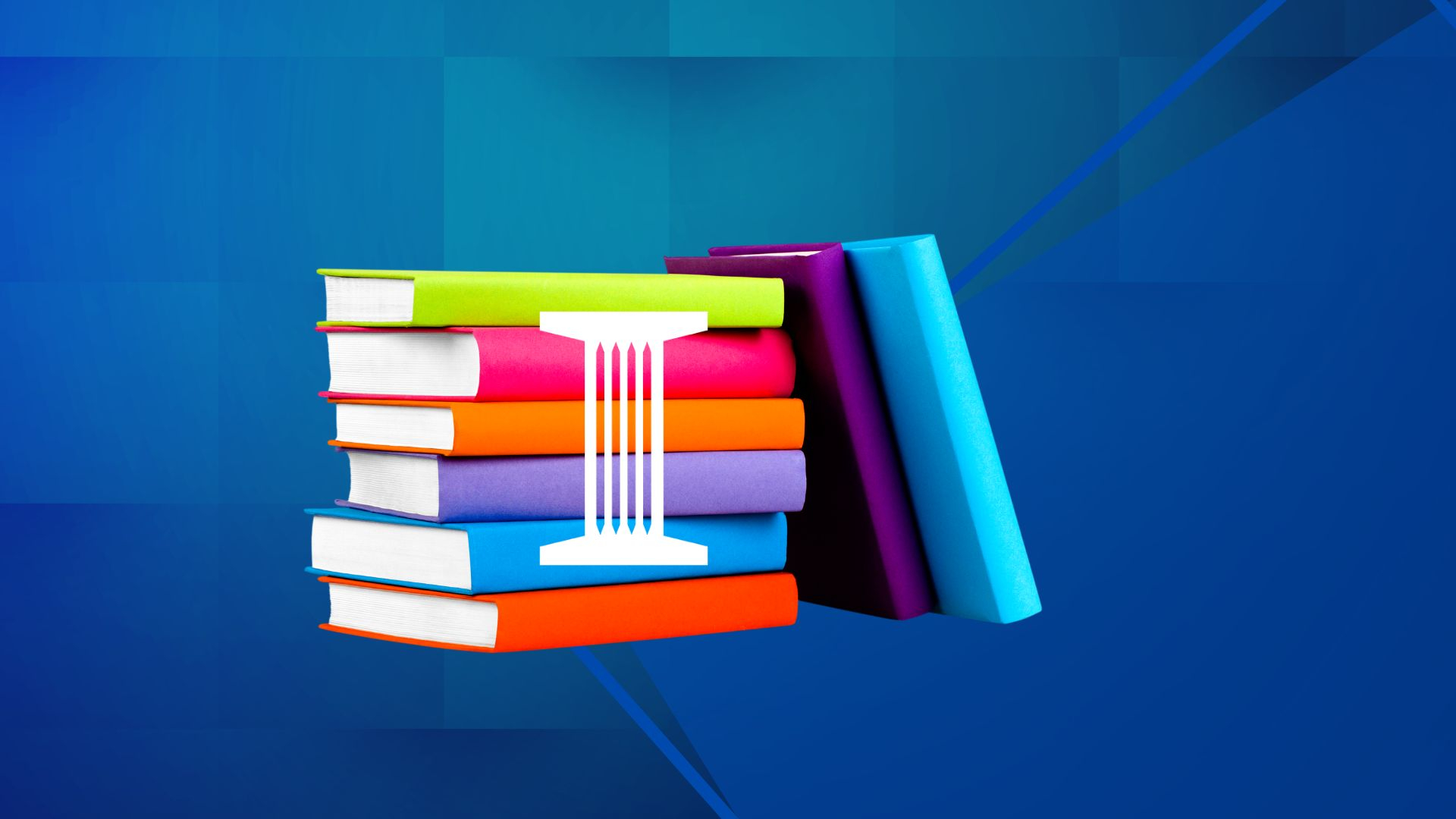 Colorful stack of books with bank logo